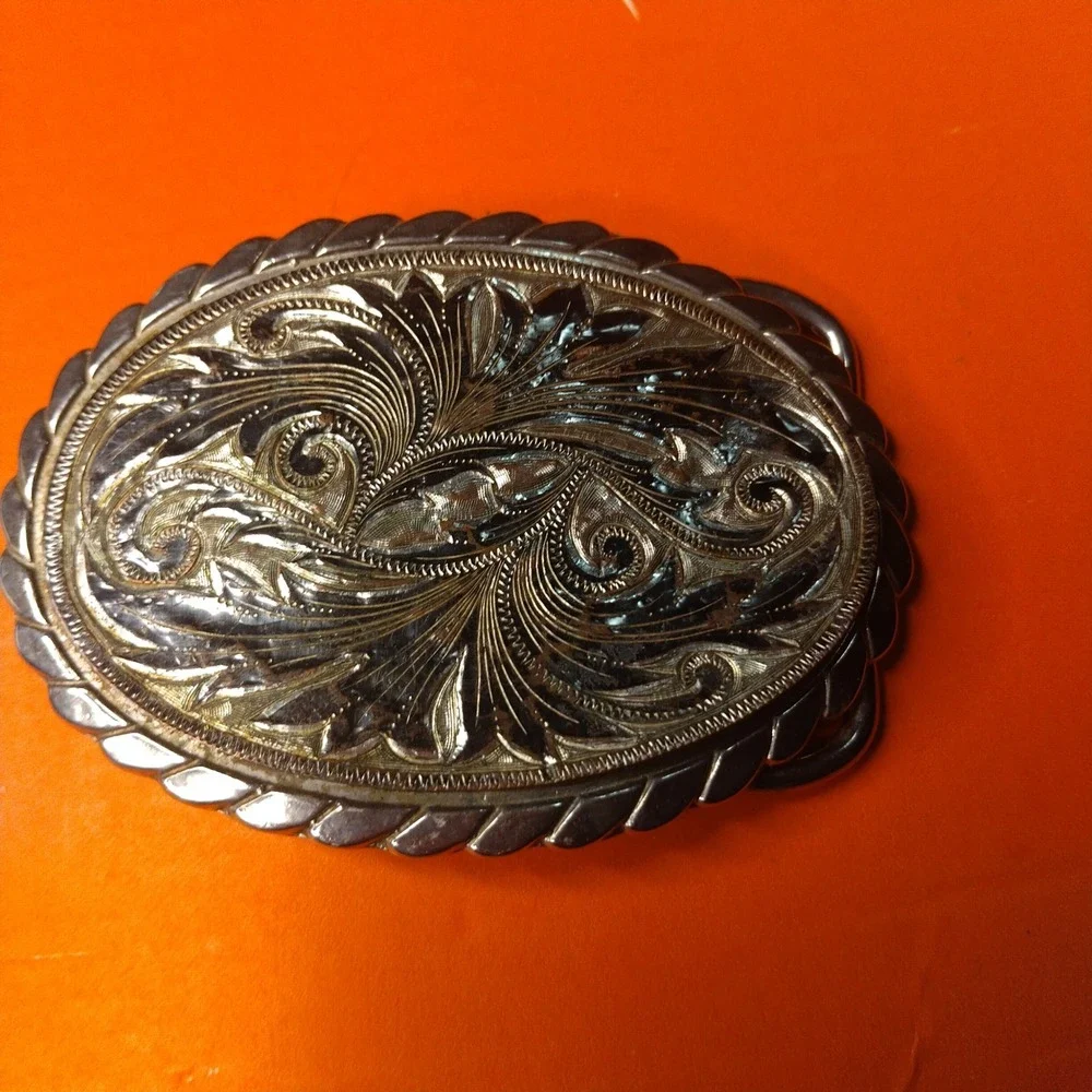 Vintage Western Floral Scroll Engraved Oval Belt Buckle Silver Tone Metal W Mark